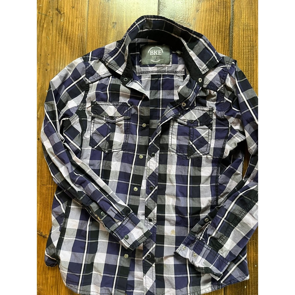 BKE Black Blue White Plaid Slim Fit Long Sleeve Snap Button Shirt Men Size‎ S